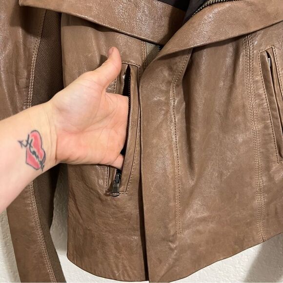 June Brown Leather Biker Moto Jacket Coat Wool Blend Knit Sleeve Size M - Picture 13 of 15